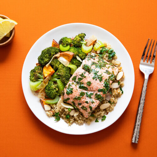Plato de salmón con verduras y brócoli